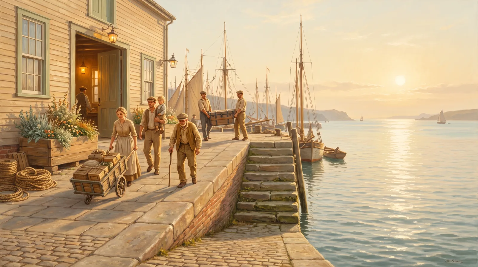Oil painting of a broad stone ramp to a lit harbour hall used easily by a woman with a handcart, a family and an older worker