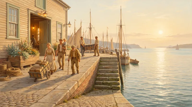 Oil painting of a broad stone ramp to a lit harbour hall used easily by a woman with a handcart, a family and an older worker
