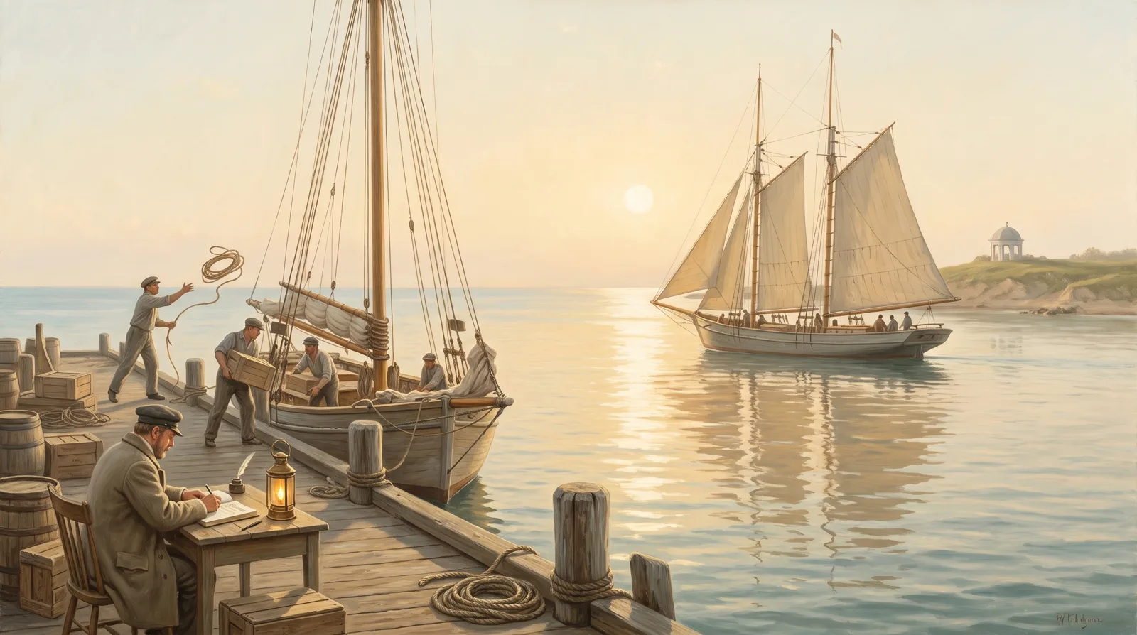 Oil painting of a harbour where one cutter is already alongside unloading while two heavier vessels are still out in the sun path
