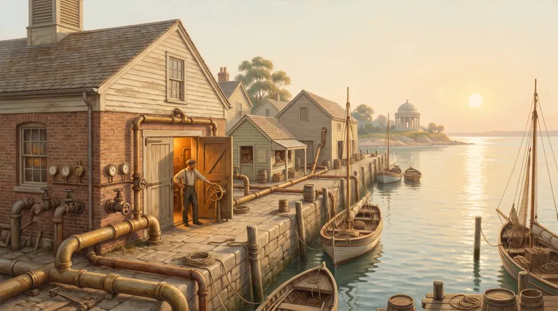 Oil painting of a harbour conduit house where every pipe on the quay converges and passes through one building