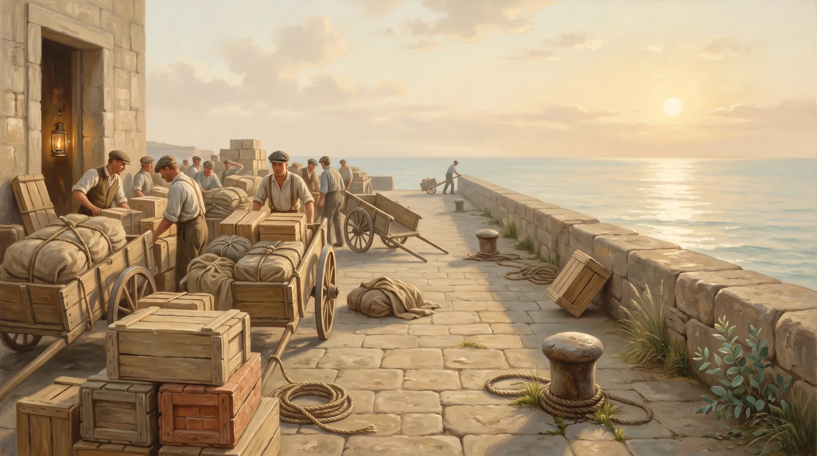 Oil painting of a long quay where loaded carts crowd the near end and thin out to a single worker in the distance