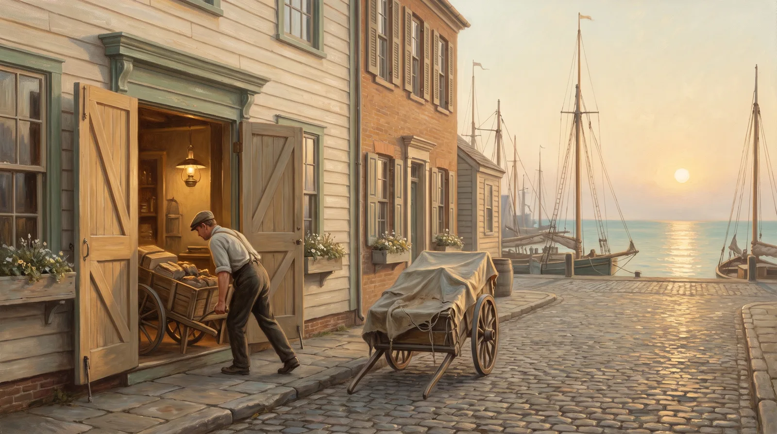 Oil painting of a harbour street at dusk, one cart wheeled into a lit doorway while a loaded cart stands abandoned outside