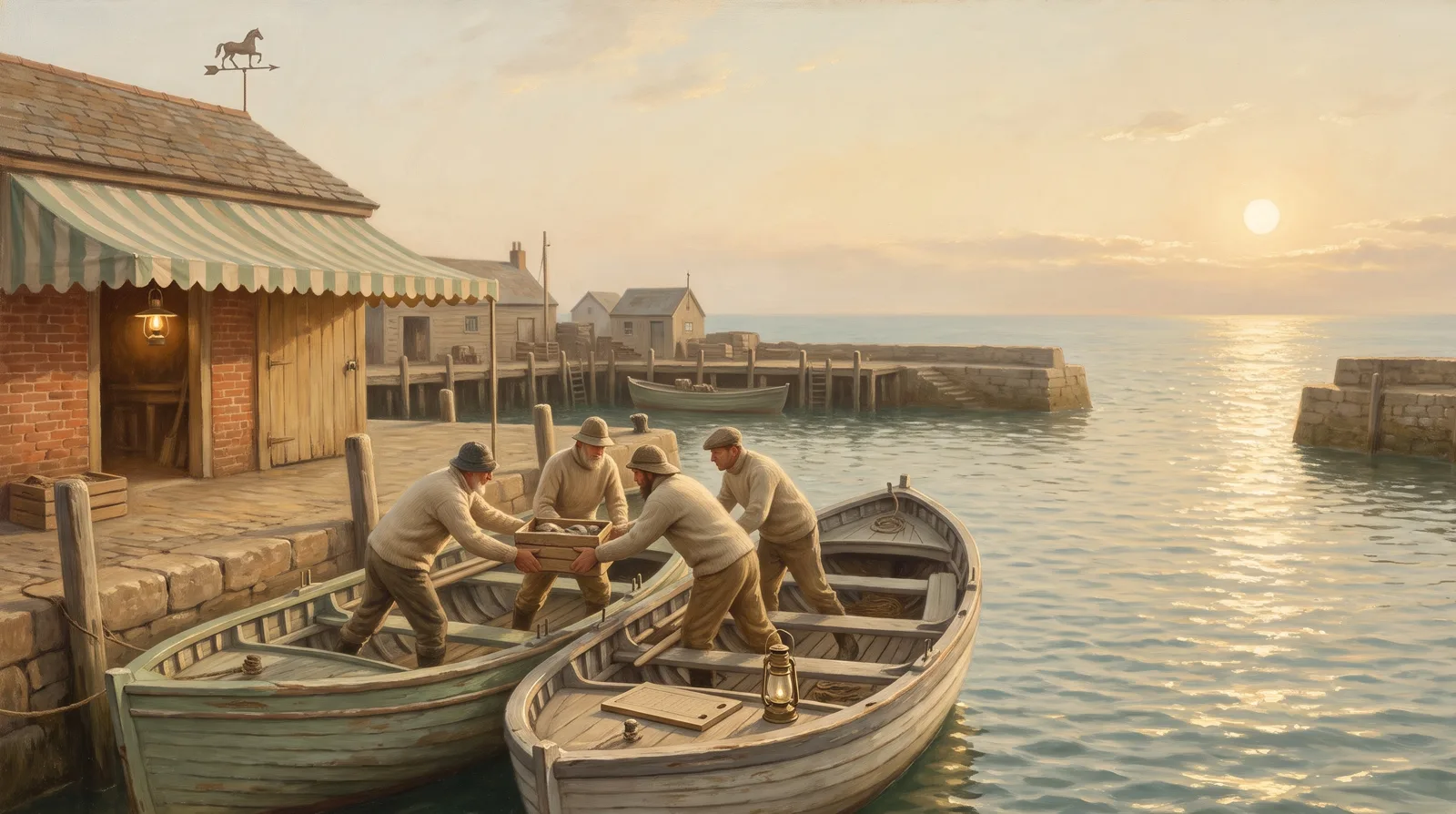 Oil painting of cargo passed between two boats while the tally board and lamp sit untouched on the thwart behind them