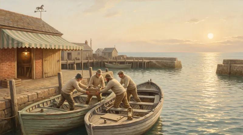 Oil painting of cargo passed between two boats while the tally board and lamp sit untouched on the thwart behind them