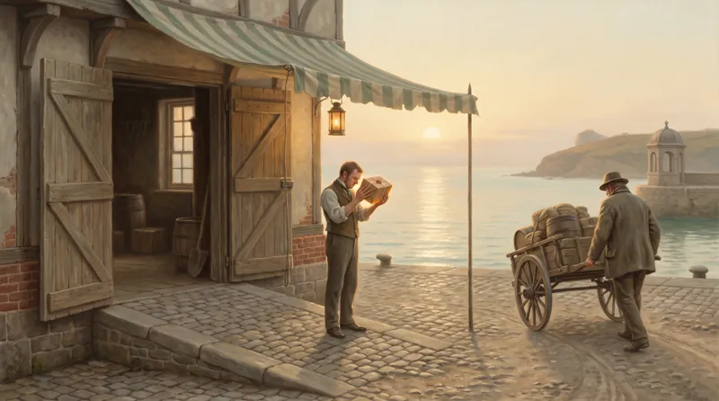 Oil painting of a clerk tilting a sealed crate toward the sun to read it while a waiting carter turns his cart away