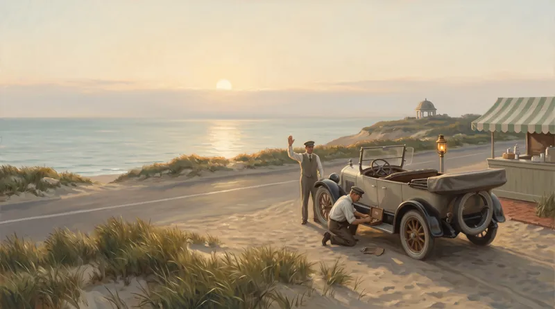 Oil painting of a roadside turnout where a checker works at a touring car's running board while the next vehicle is waved on