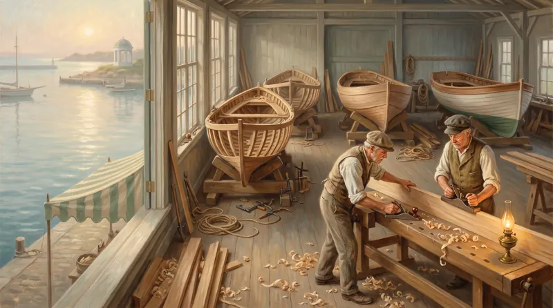 Oil painting of a boatshed where one hull is nearly finished and four identical hulls stand stalled at different stages