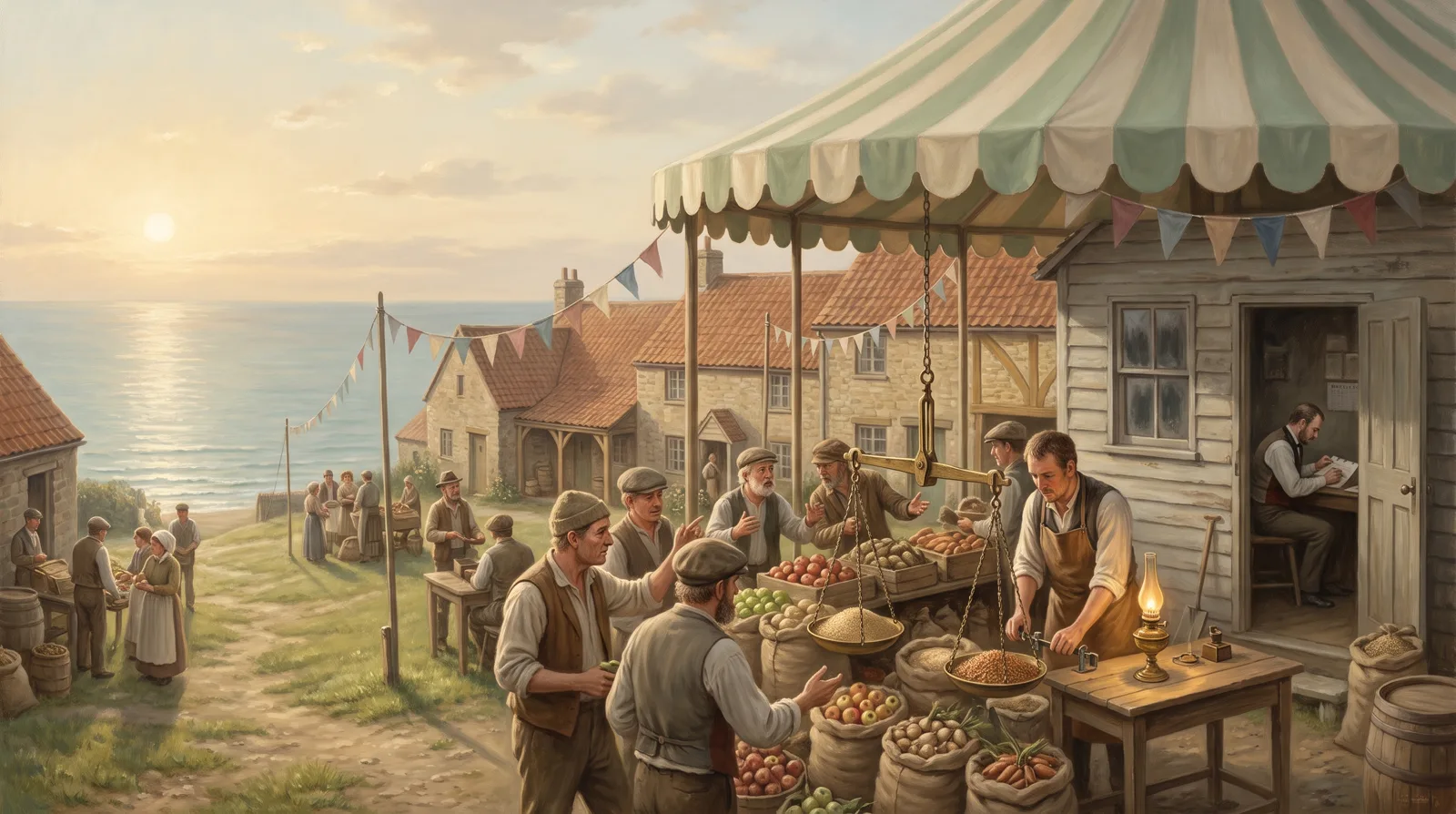 Oil painting of a busy market weighing station under a striped canopy with an older assay office standing quiet behind it