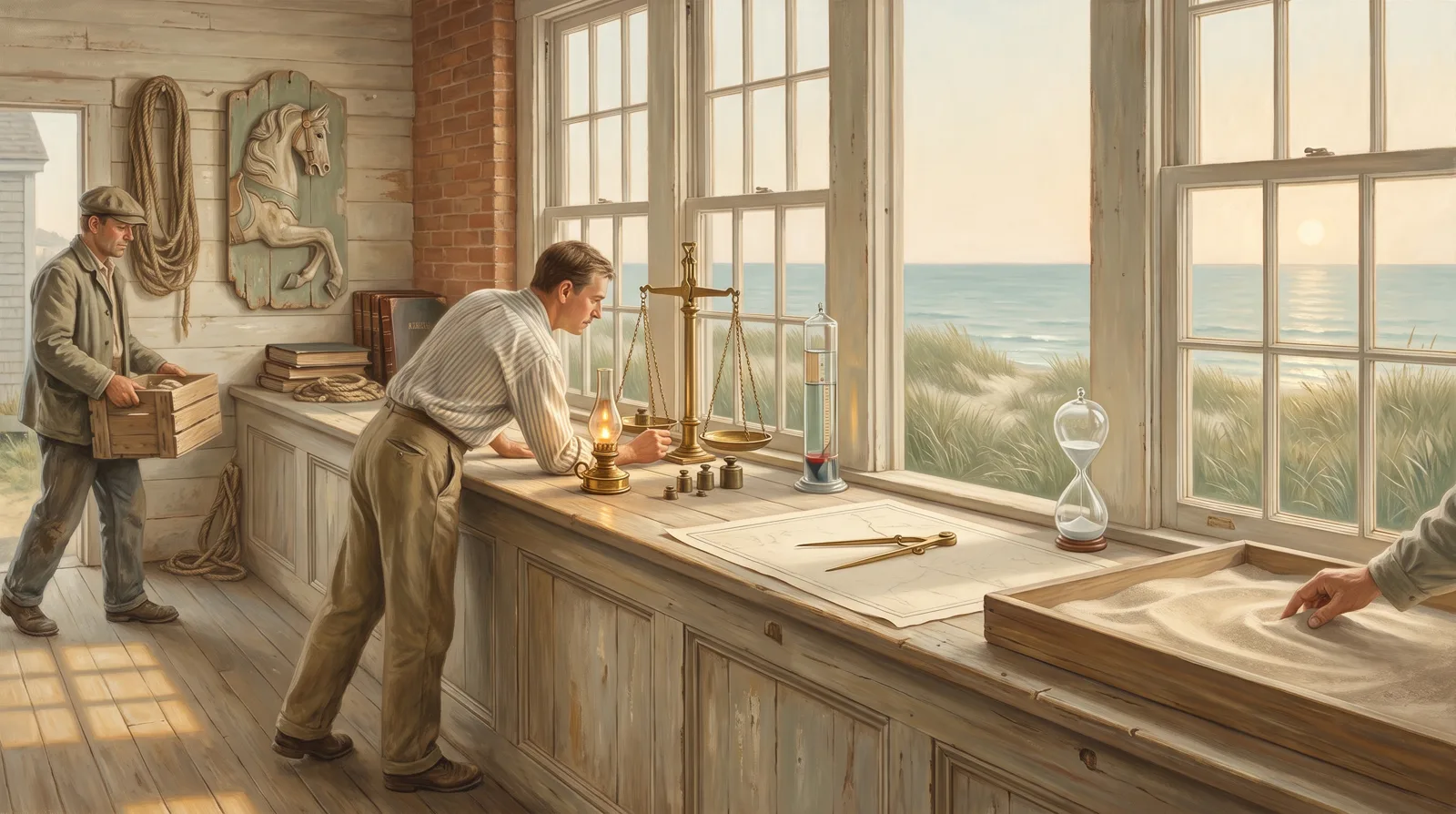 Oil painting of a harbour weigh-house where a weigh-master reads several different instruments in turn along a long counter