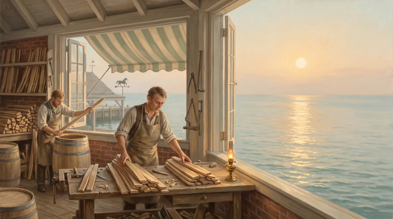 Oil painting of a cooper's bench where one worker sorts incoming staves while another builds only from stock already checked