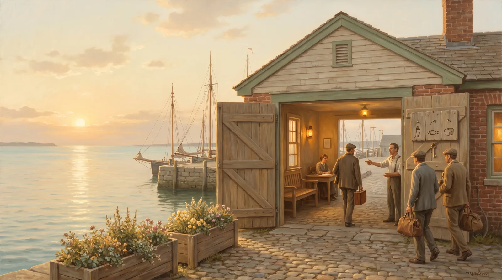 Oil painting of a harbour gatehouse with a wide open gate, a keeper explaining the way through, travellers passing easily