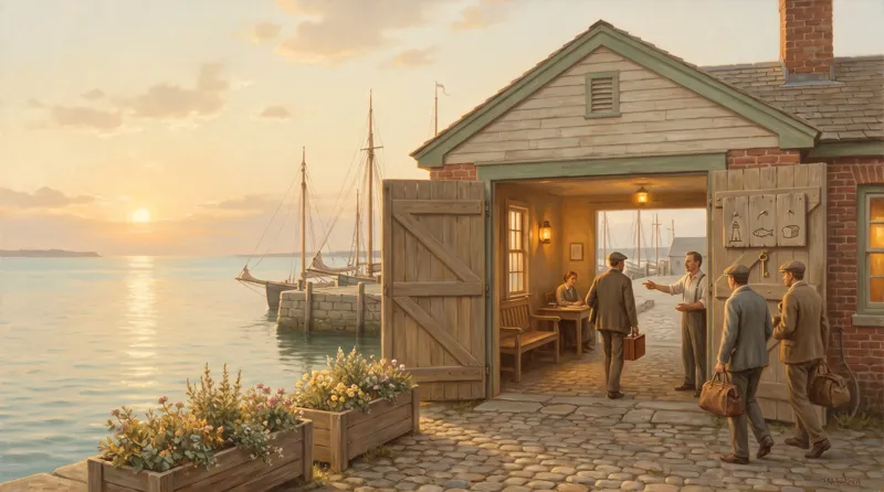 Oil painting of a harbour gatehouse with a wide open gate, a keeper explaining the way through, travellers passing easily