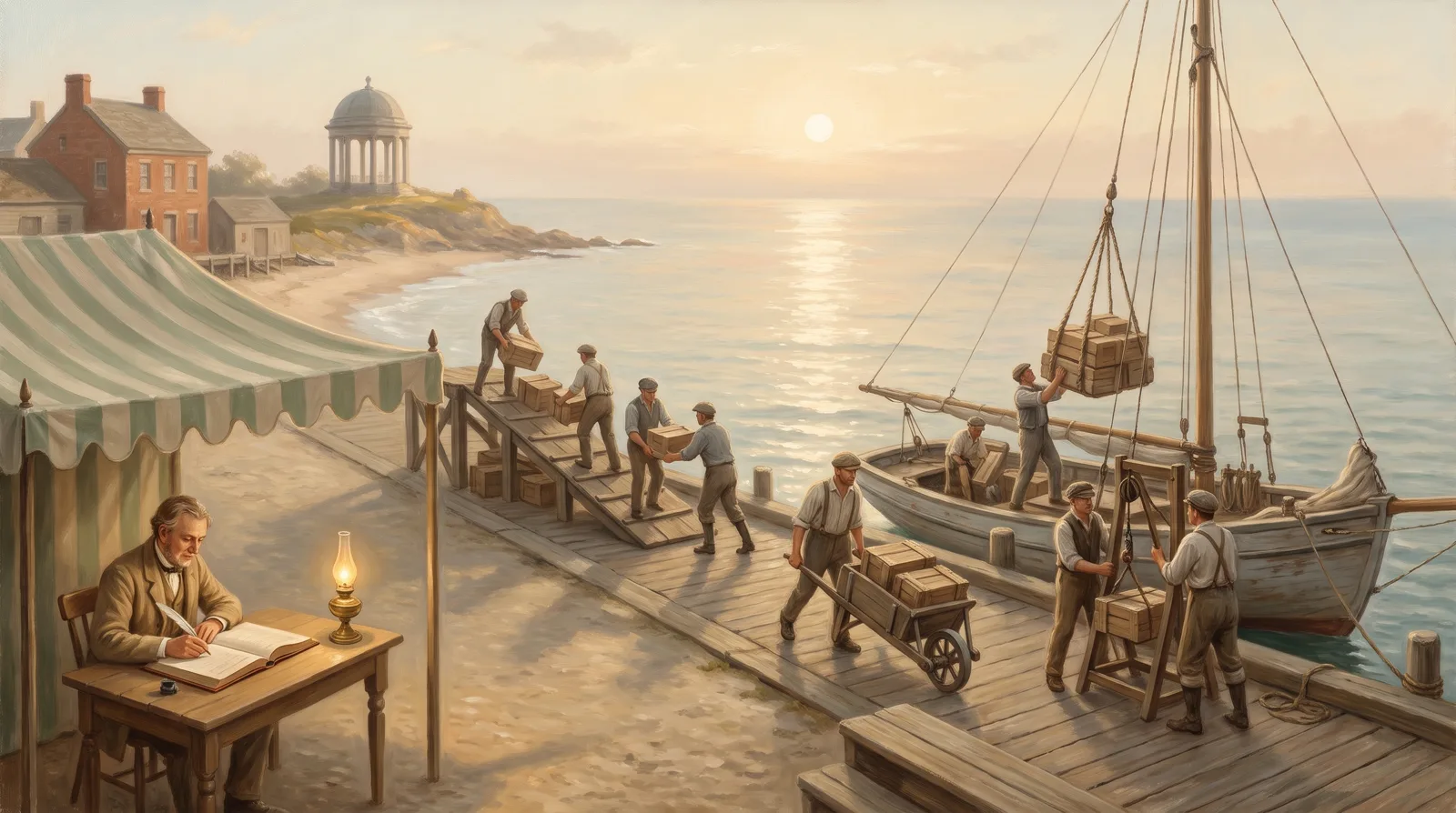 Oil painting of five crews unloading five different ways down one quay while a clerk works them onto a single ledger