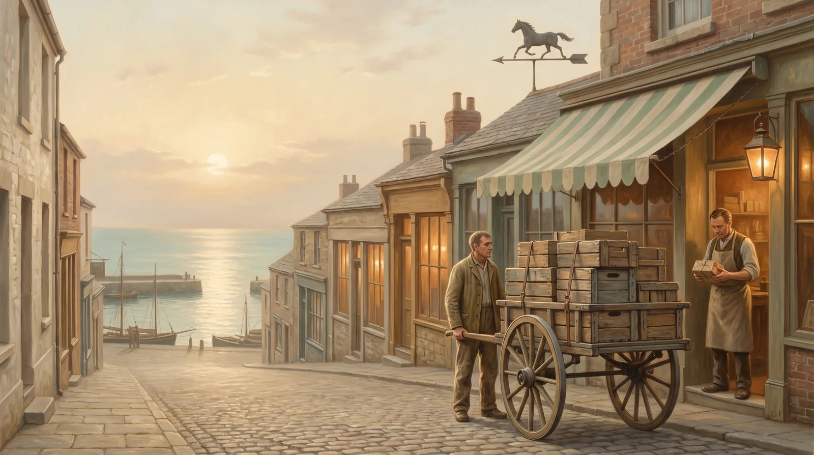 Oil painting of a fully loaded cart wheeled the length of a street, with one last item checked at the shop door