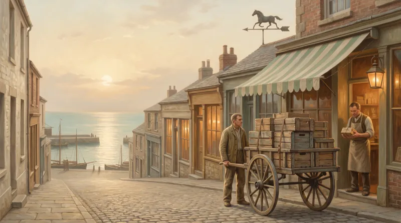Oil painting of a fully loaded cart wheeled the length of a street, with one last item checked at the shop door