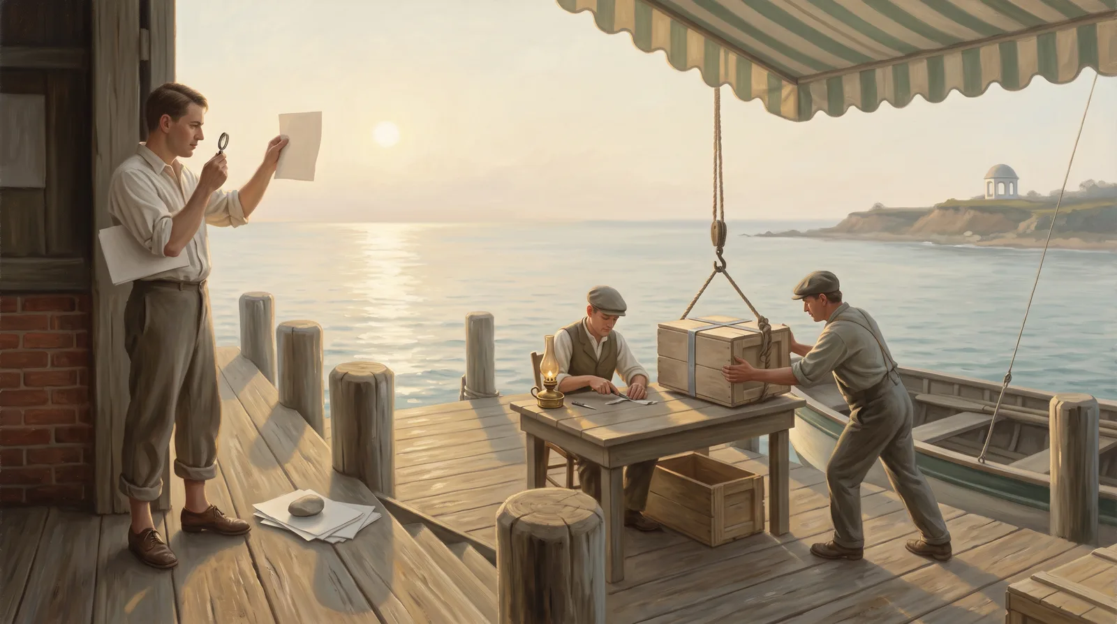 Oil painting of a wharf where a clerk studies a loose page through a hand lens as a sealed crate lands on the tally table