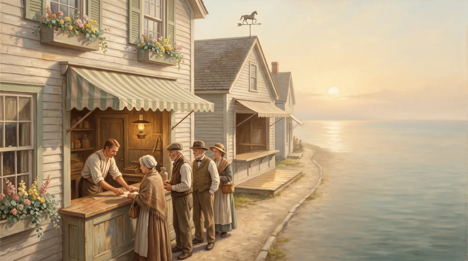 Oil painting of a village lane where one counter works a steady queue and an identical door further along stands empty