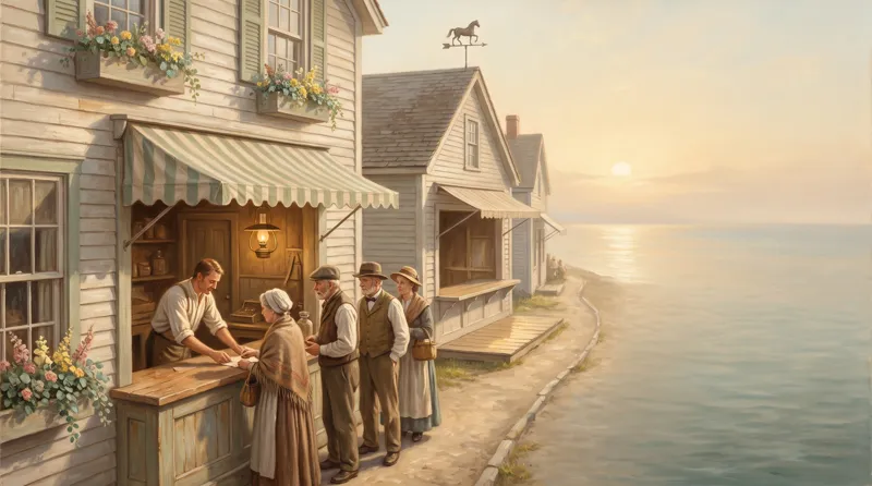 Oil painting of a village lane where one counter works a steady queue and an identical door further along stands empty