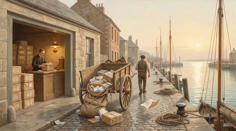 Oil painting of an orderly receiving room beside an unattended mail cart spilling loose papers onto wet cobbles