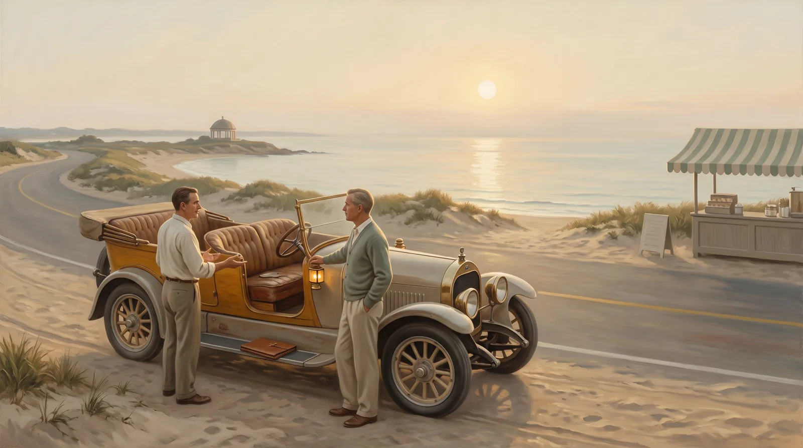 Oil painting of a roadside handover where the folder is already closed and the seller is turned toward the buyer instead