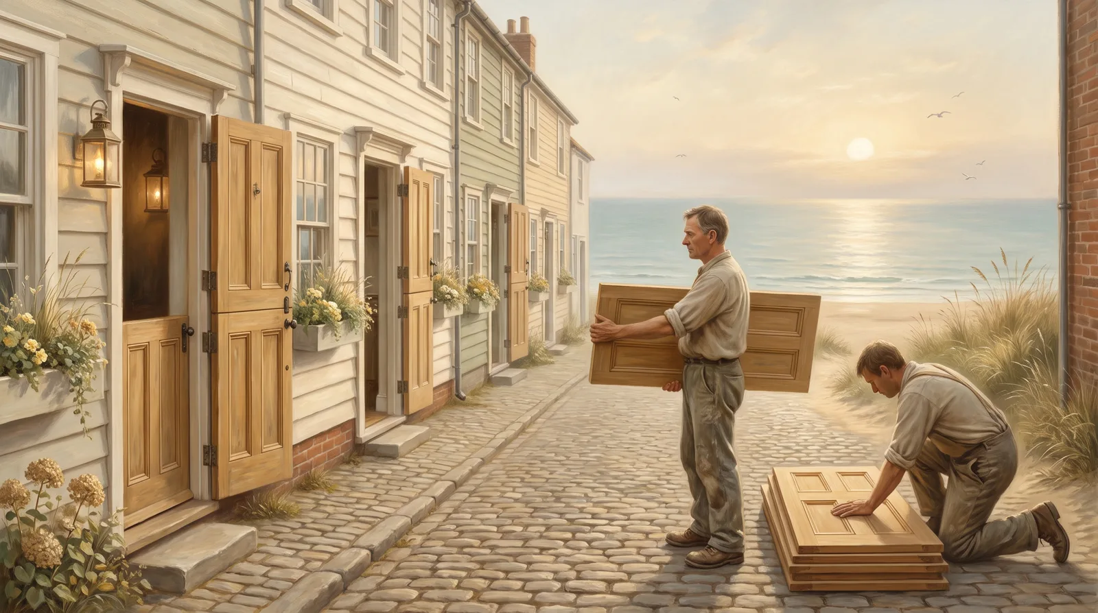 Oil painting of a village lane where a joiner holds two identical door panels against a row of doors cut to one pattern