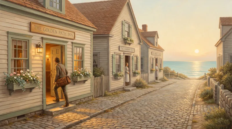 Oil painting of a village lane at dusk, a traveller entering the first lit inn while others stand open and unnoticed
