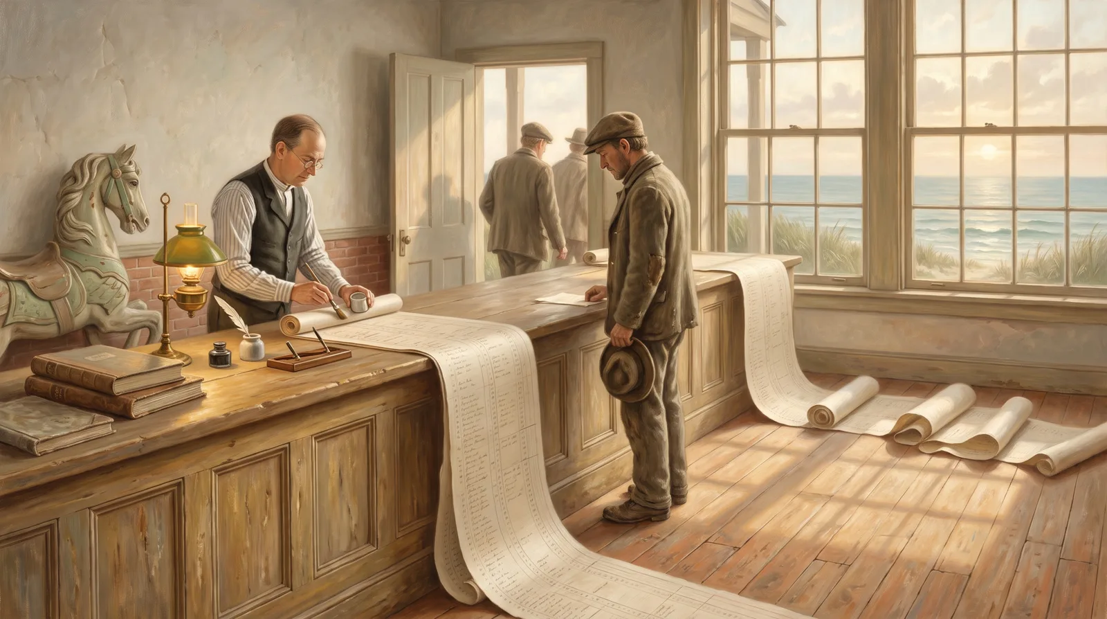 Oil painting of a clerk's office where an enormously long ledger unrolls down the counter as one applicant waits