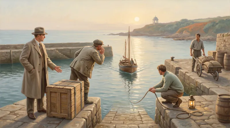 Oil painting of a harbour slip where a tallyman turns from a consignee's sealed crate to call down to the arriving crew