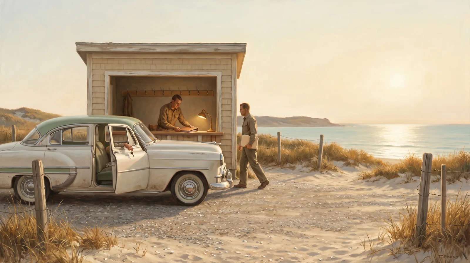 Oil painting of a coastal forecourt where a car stands ready and a clerk closes a single slim folder at the counter