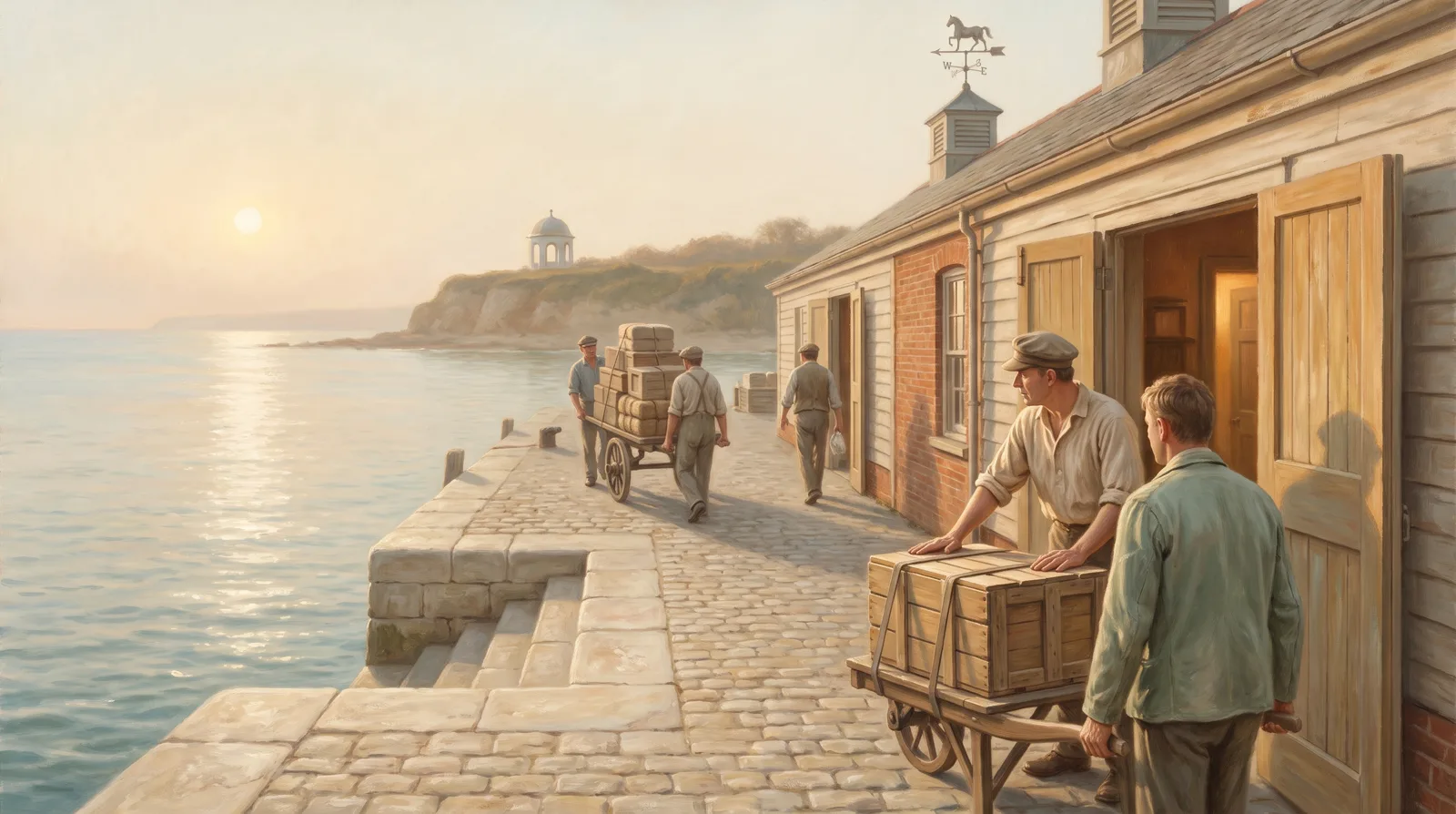 Oil painting of a customs-house door where an inspector holds back a crate while loaded carts head inland behind him