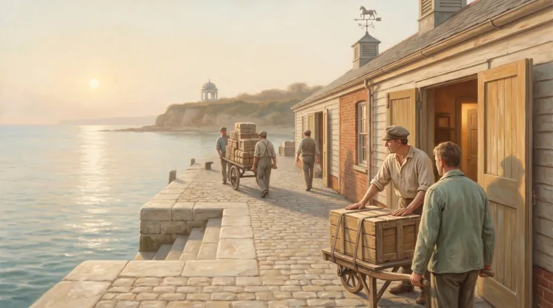 Oil painting of a customs-house door where an inspector holds back a crate while loaded carts head inland behind him