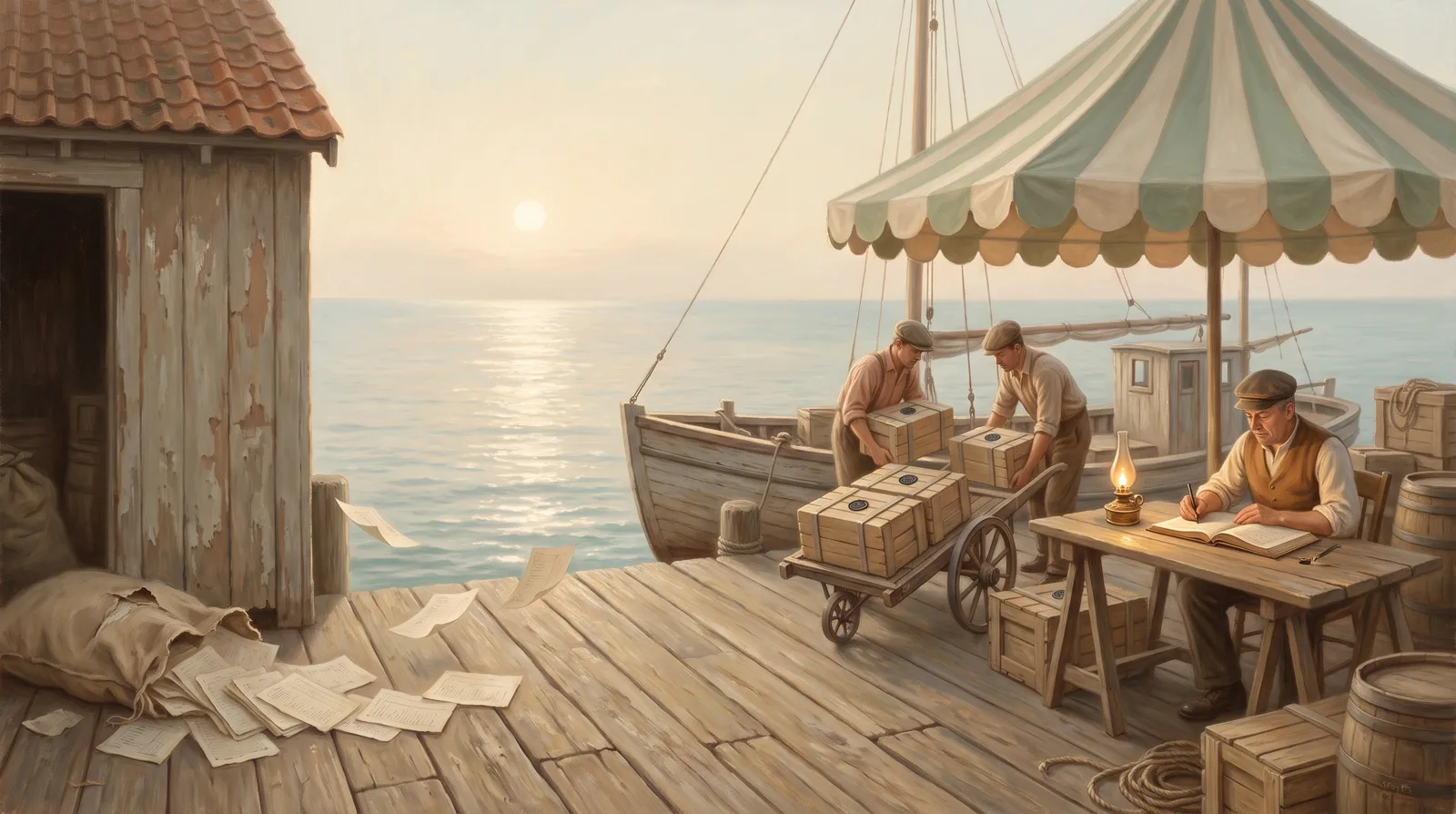 Oil painting of a wharf where sealed crates are checked against a ledger while loose pages blow from a torn sack in shadow