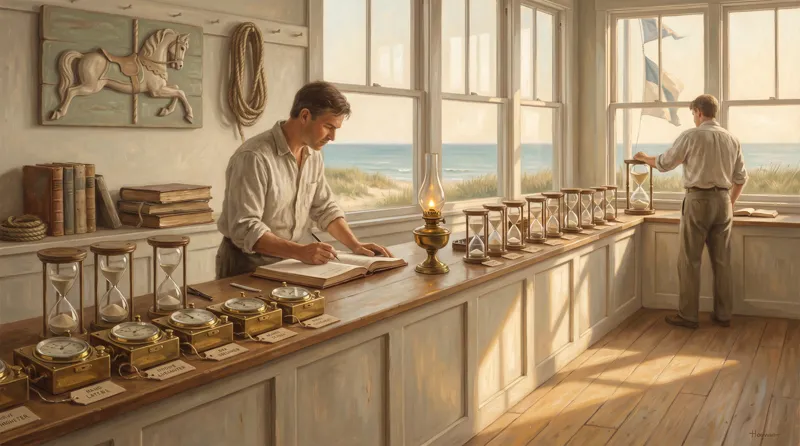 Oil painting of a harbour timing station where a keeper compares a row of brass chronometers along a long counter