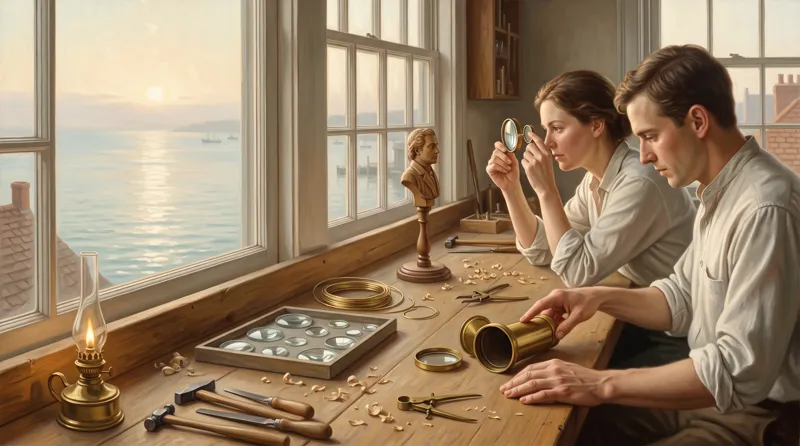 Oil painting of an instrument-maker's bench where two workers inspect the same lens for two different faults