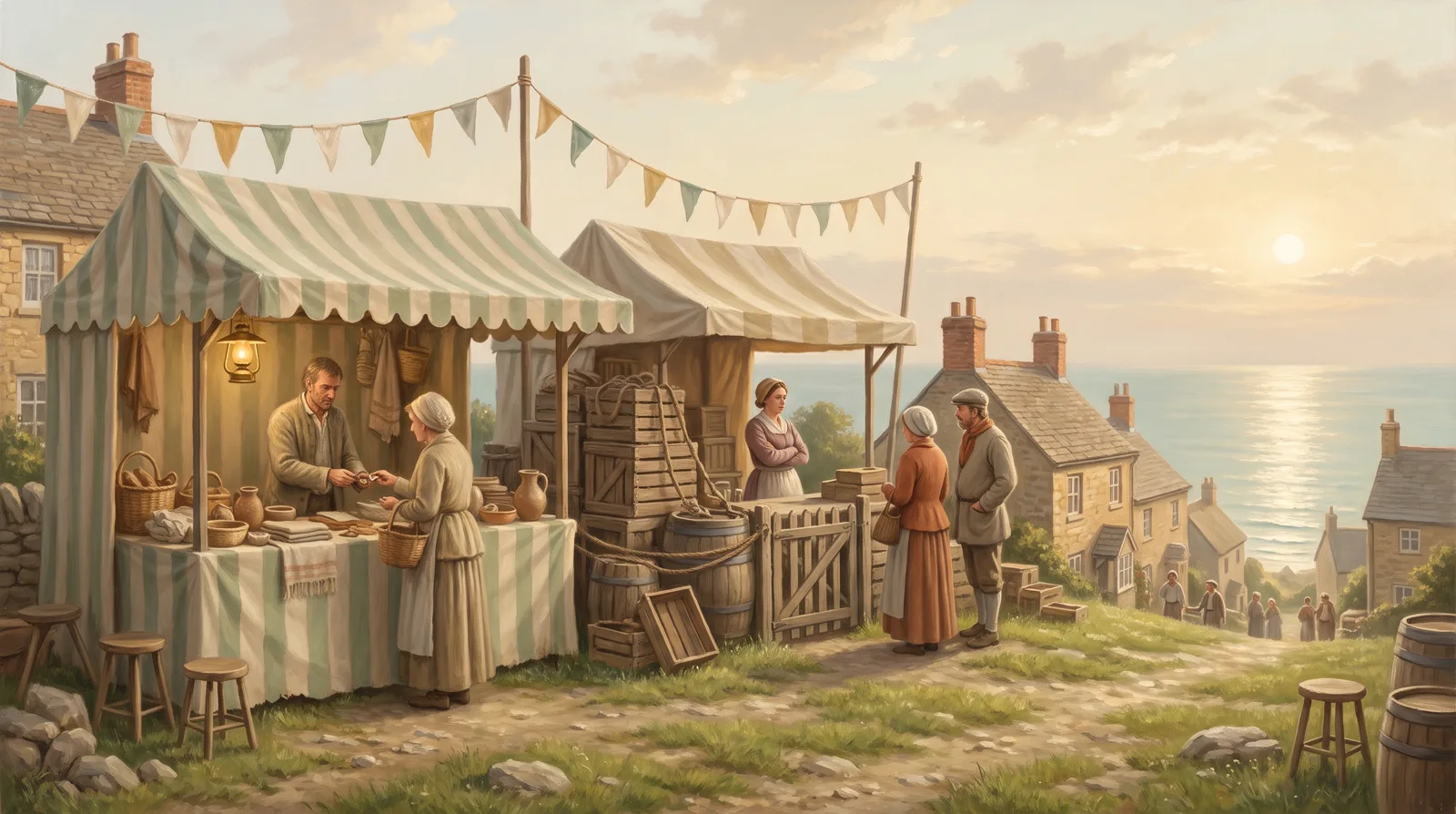Oil painting of two market stalls, one open with a queue moving through, the other hemmed in behind stacked crates
