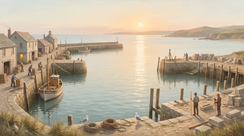 Oil painting of two harbours across a bay, one fully built and working, the other under construction with surveyors sighting across