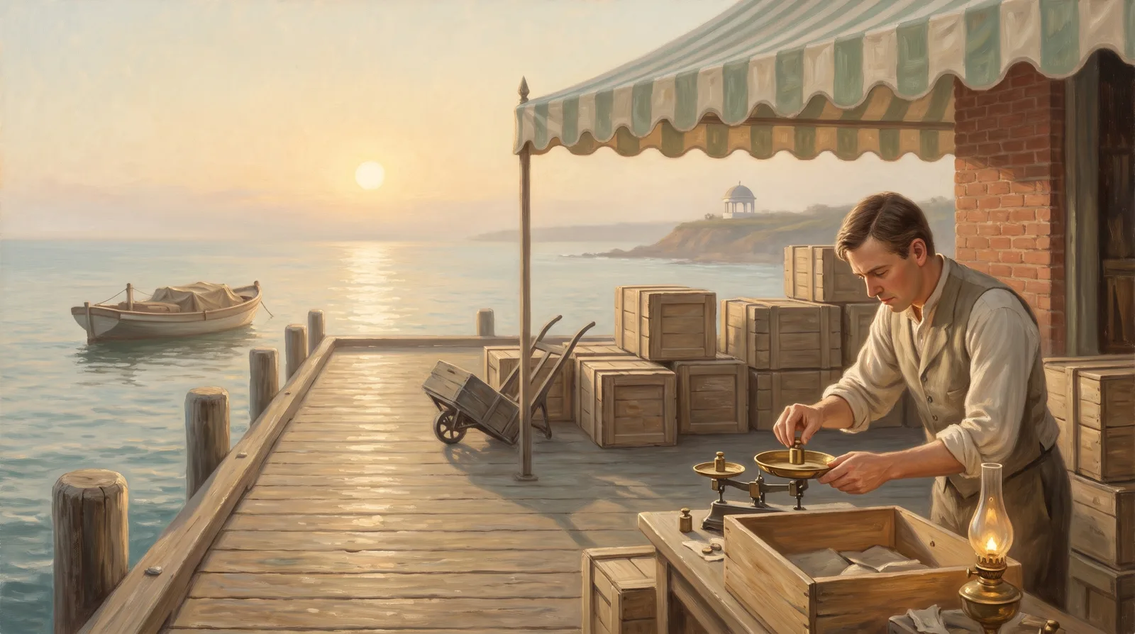 Oil painting of a clerk weighing one open crate on fine brass scales while unopened crates stand behind him in shadow