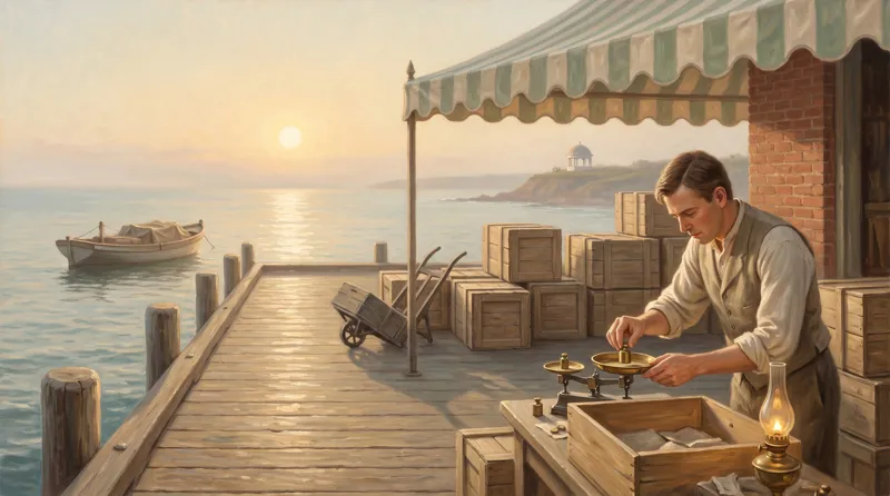 Oil painting of a clerk weighing one open crate on fine brass scales while unopened crates stand behind him in shadow