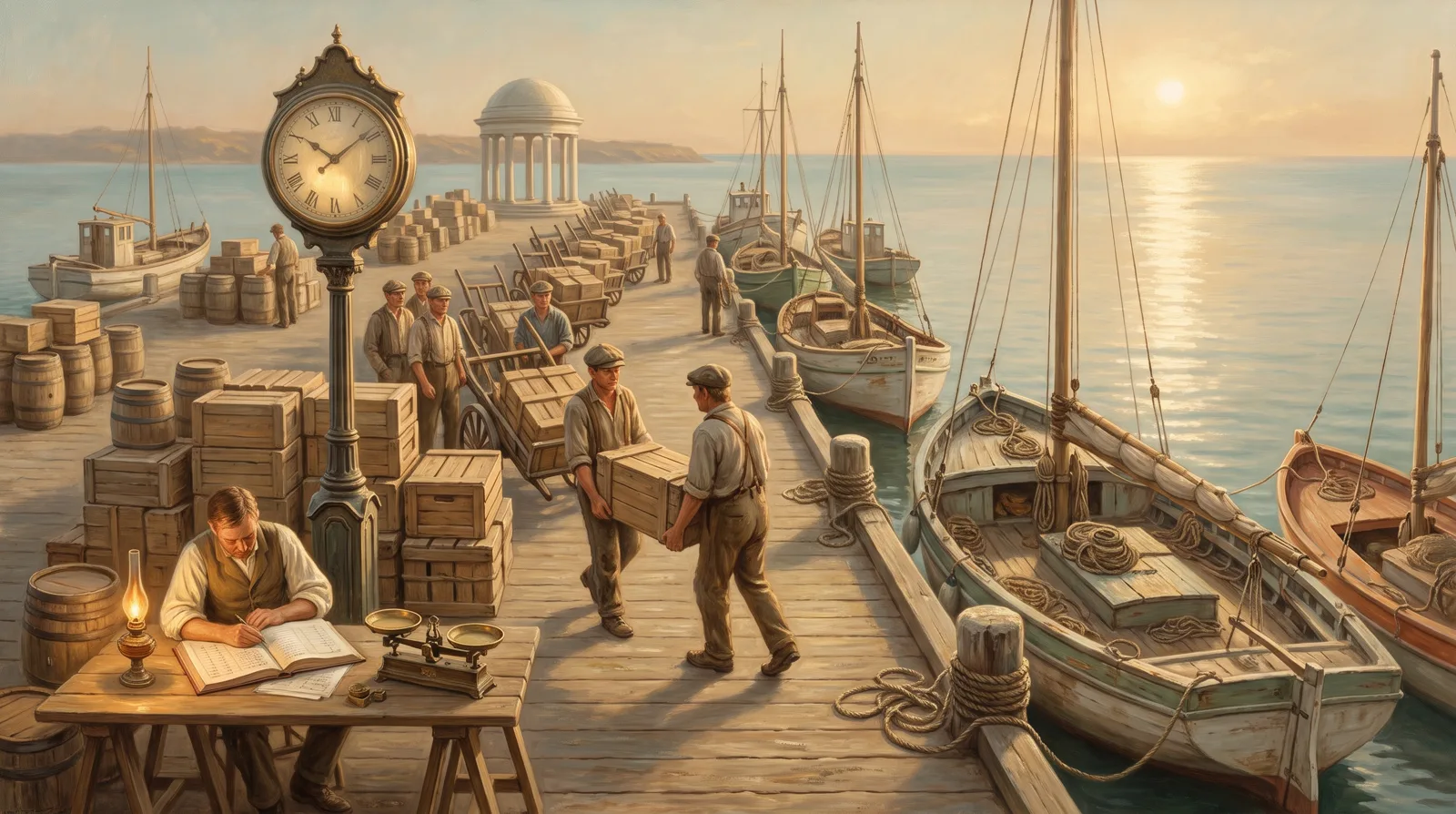 Oil painting of a wharf at dusk with a brass quay clock above a clerk tallying and a queue of loaded handcarts standing idle