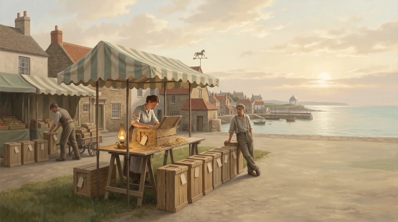 Oil painting of a clerk opening a crate to check inside while another sorts a whole row by their blank tags alone