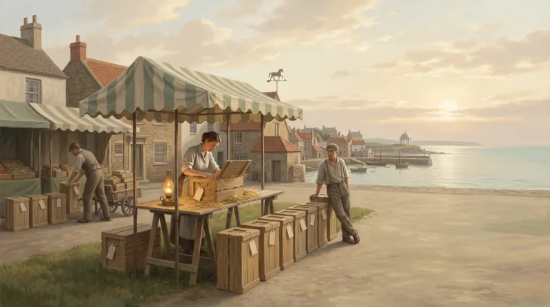 Oil painting of a clerk opening a crate to check inside while another sorts a whole row by their blank tags alone