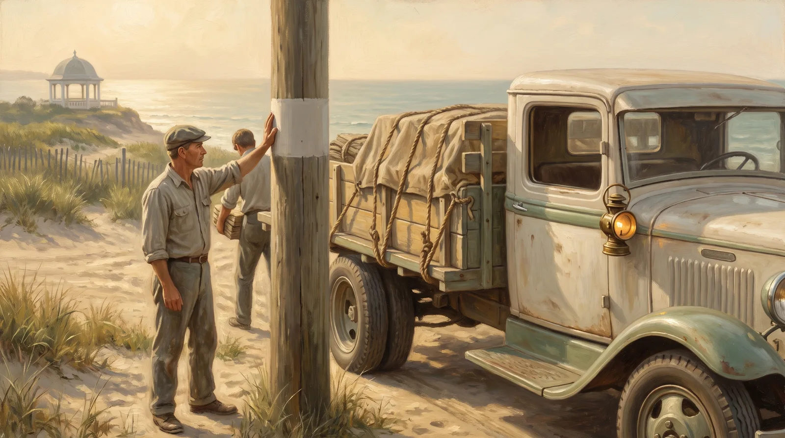 Oil painting of a roadside where one man measures a truck against a painted post while another goes through the load
