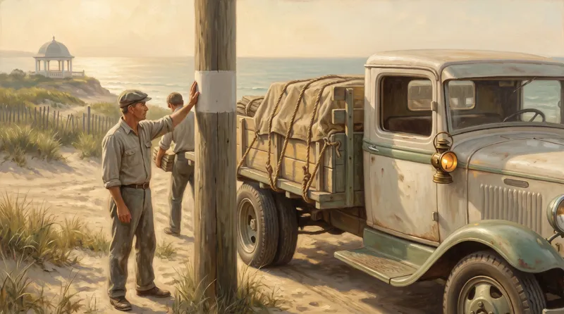 Oil painting of a roadside where one man measures a truck against a painted post while another goes through the load