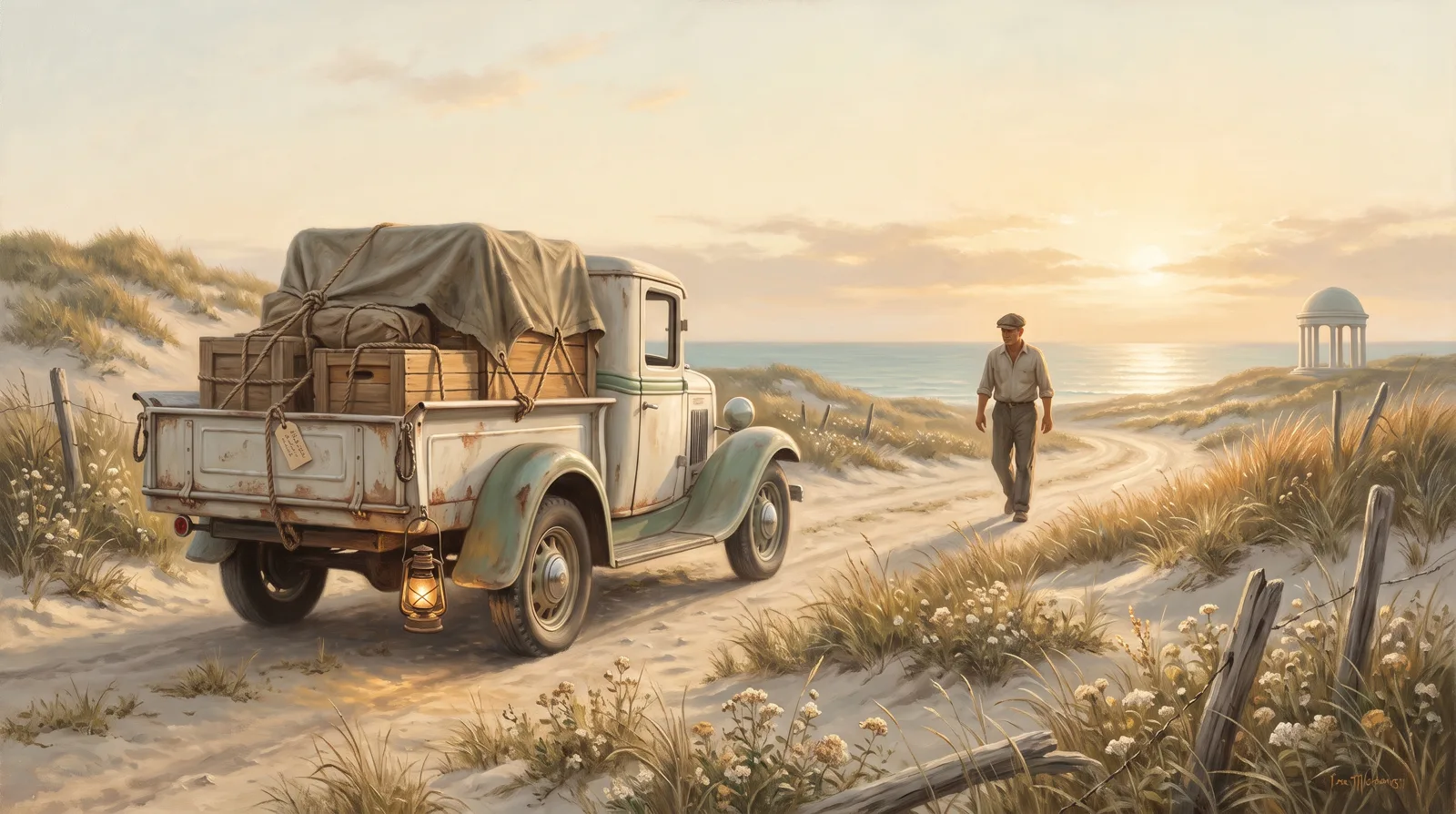 Oil painting of a half-loaded truck on a dune road, its load covered and tagged, the driver walking back to finish
