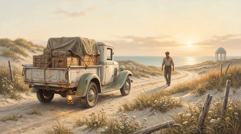 Oil painting of a half-loaded truck on a dune road, its load covered and tagged, the driver walking back to finish