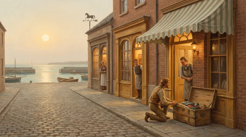 Oil painting of a traveller's open chest looked into at one lit doorway after another along a cobbled shopfront street