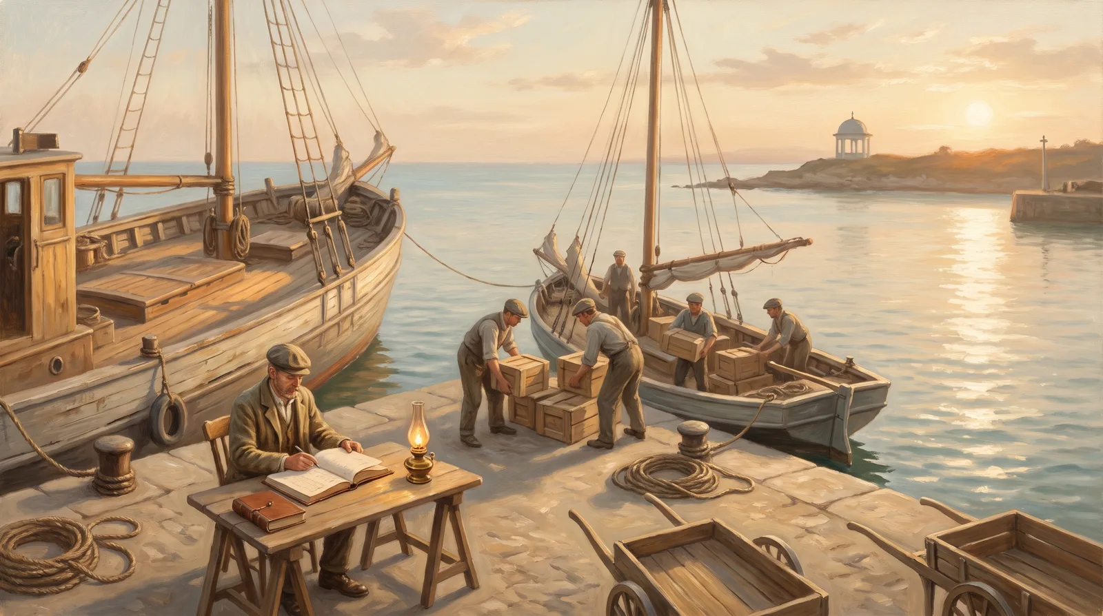 Oil painting of a quay where the day's crates are checked, tallied and already loaded onto a departing boat before dark