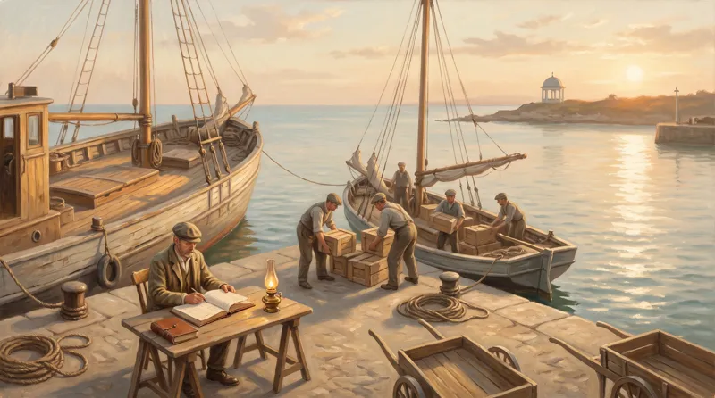 Oil painting of a quay where the day's crates are checked, tallied and already loaded onto a departing boat before dark