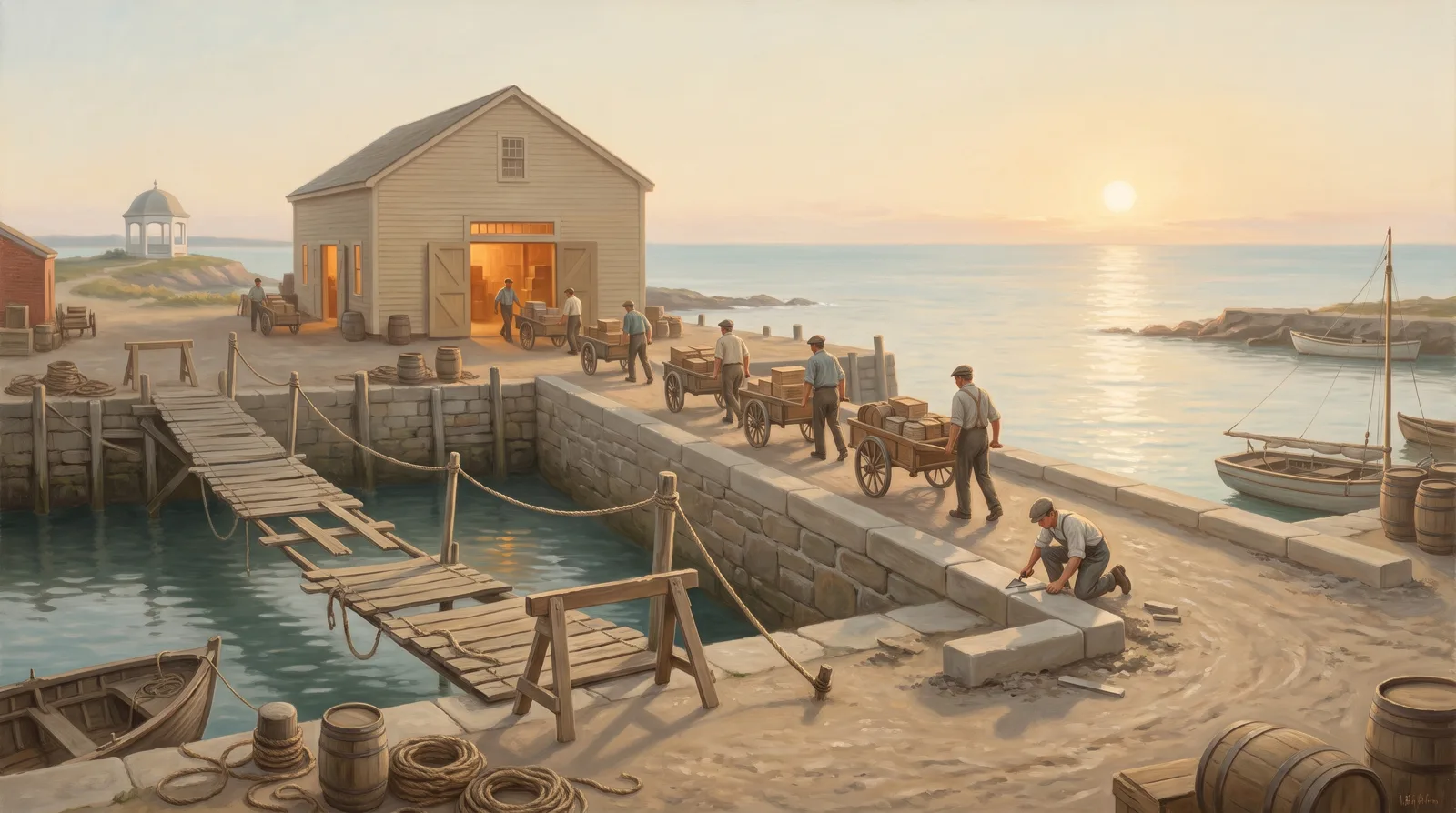 Oil painting of a harbour where an old plank bridge stands unused beside a new stone causeway carrying loaded handcarts