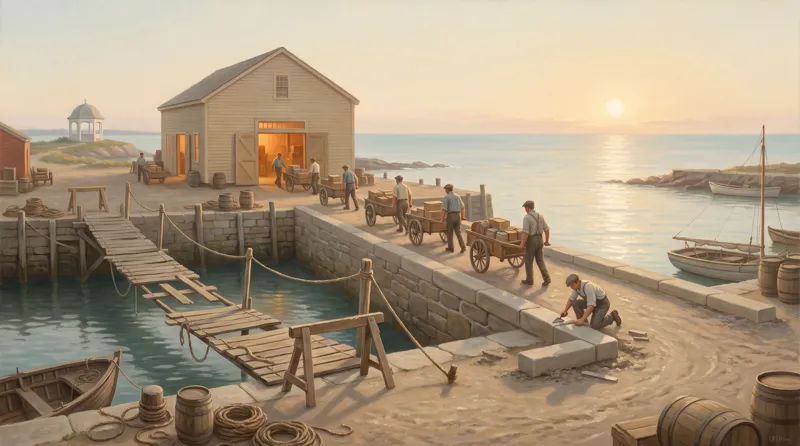 Oil painting of a harbour where an old plank bridge stands unused beside a new stone causeway carrying loaded handcarts